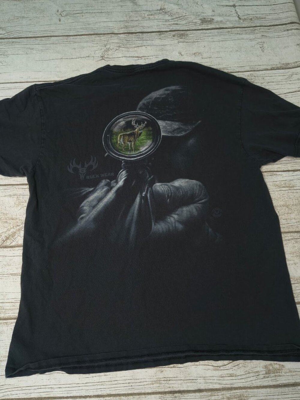 Vintage Buck Wear Graphic T-Shirt Mens Black Deer Hunting Scope Back Print Delta